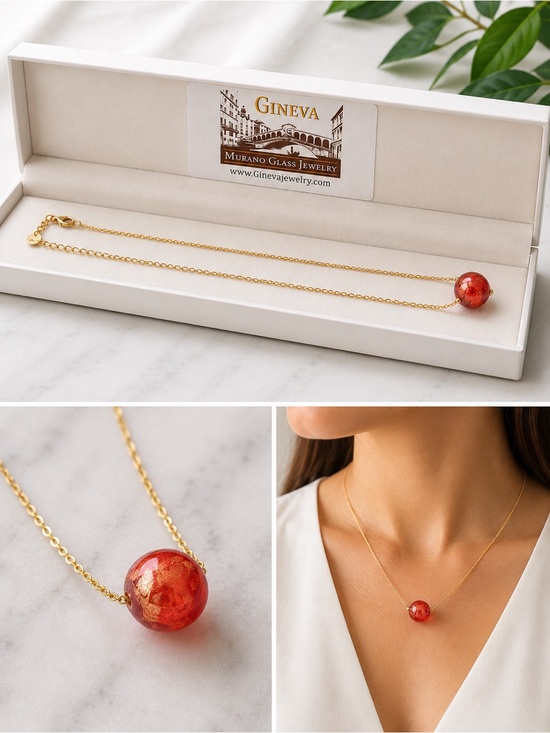 Jewelry - Gold Necklace with Red Murano Glass Bead